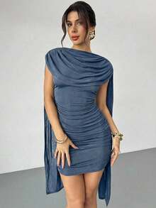 Vestido elegante y casual con cinta fluida y delgada, vestido de festival/vestidos elegantes para fiesta/atuendos de Acción de Gracias para mujeres/vestido de Año Nuevo/vestidos de invierno para mujeres/ropa de otoño/vestido de Año Nuevo/vestido de fiesta/falda negra/vestido negro - Niebla azul - Ver 8