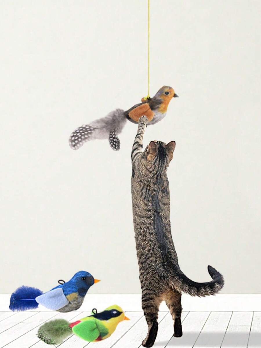 Juguete colgante realista de pájaro con sonido para gatos, juguete interactivo de pájaro que gorjea, juguete de caza simulada para gatos, juguete de pájaro que aletea y gorjea para perseguir gatos, adecuado para gatos de interior - Multicolor - Ver 1