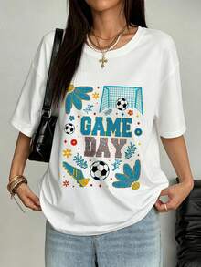 Camiseta de moda femenina de verano de manga corta camiseta de moda casual al aire libre 'letras y elementos deportivos' camisa casual femenina con estampado relajado - Blanco - Ver 2