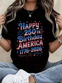 Happy 250th Anniversary Of America's Independence 1776-2026, Women's Independence Day Patriotic T-Shirt, White Graphic Tee, Celebration Tee With US Flag Design - 黑色 - 查看 8