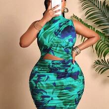Plus Size Women Green Tropical Print Sleeveless Bodycon Mini Dress With Cutout Design Elegant Summer - Morado degradado - Ver 7