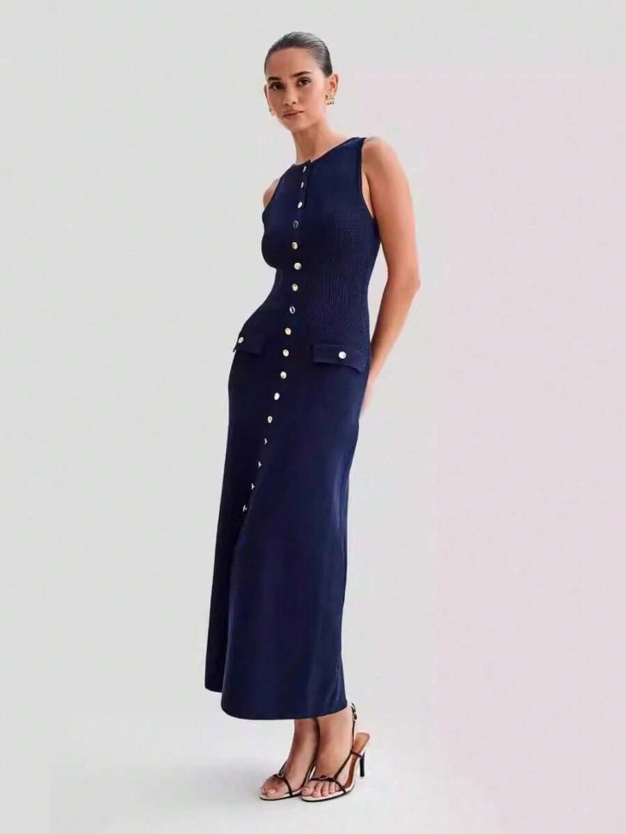 Vestido de punto ajustado sin mangas de cuello redondo de nueva colección - Azul - Ver 1