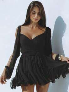 Short Fitted Dress With Long Sleeves, Mesh Detailing, Bow And Open Back, Solid Color And Casual Style - 黑色 - 查看 6