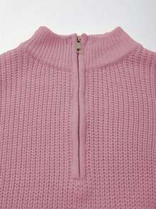 Women's Simple Ribbed Solid Color Casual Korean Textured Commute Loose Versatile Stand Collar Zipper Half-Placket Pullover Long Sleeve Sweater, Spring/Autumn/Winter - Light Pink - View 8