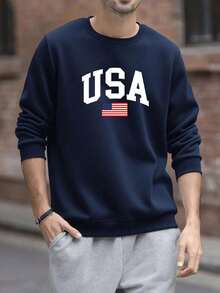 1pc Plus Size Men's Casual Printed Pullover Sweatshirt - Navy Blue - View 2
