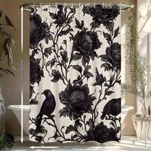 1Pc Gothic Crow & Floral Shower Curtain, Black & White Botanical Print, Machine Washable Polyester With 12 Hooks, Modern Elegant Bathroom Decor, Smooth Texture Fabric For Stylish Home Aesthetics, Bathroom Decor And Accessories - 顏色1 - 查看 15