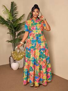 BIUBIU Plus Size Vibrant Tropical Vacation Dress, Short Sleeve V-Neck Button Down Dress With Ruffle Hem, Suitable For Holiday Wear Elegant Summer - Color - View 3
