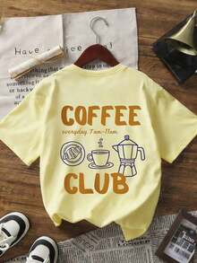 1 Piece Summer Short-Sleeved Crew Neck T-Shirt With Pink Heart And Coffee Cup Print, English Text, Loose And Comfortable Fit, Ideal For Coffee Lovers, Suitable For Summer, Beach, Street, Daily Wear, Work, Office Party, Going Out, Festival, Music Festival, Valentine's Day, Party - 黃色 - 查看 4
