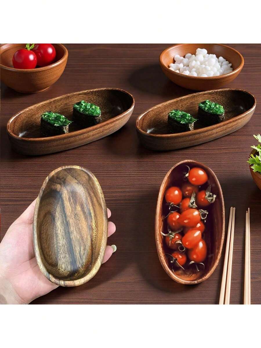 1件复古日式寿司盘，圣诞精致优雅船形餐具，木制调味碟，适用于家庭/餐厅，经久耐用，易于清洁，手工制作 - 查看 1