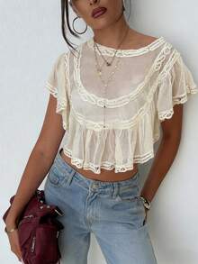 Womens Boho Sheer Mesh Lace Blouse Y2K Chiffon Ruffle Sleeve See Through Babydoll Cropped Shirt Top Summer Beach Vacation Cover Up Going Out Tops Streetwear - 白色 - 查看 6