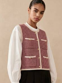 Áo khoác cardigan cổ tròn dáng thanh lịch dành cho nữ mùa thu/đông, thiết kế gân nổi. - Đỏ và trắng - Xem 4