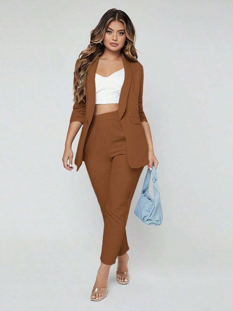 Traje de blazer con cuello de chal y pantalones para otoño/invierno - Café integral - Ver 1