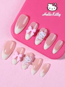 SANRIO Bộ 24 miếng dán móng tay kiểu Pháp màu trắng ombre phong cách Y2K với hình Hello Kitty dễ thương, ngọc trai và nơ hồng, kiểu dáng nữ tính màu hồng, phù hợp với bộ móng acrylic, bao gồm 1 chai keo và 1 dũa móng, thích hợp cho phụ nữ sử dụng hàng ngày và dự tiệc. - Nhiều màu - Xem 2