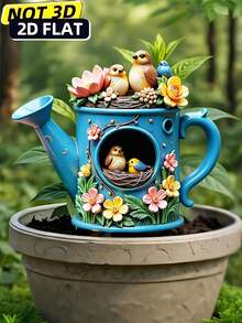 1pc 2D Acrylic Ground Stake, With Decorative Pointed Base, Water Vase Printed With Bird & Floral Pattern, Suitable For Outdoor Yard Decor, Garden Ornament, Also Can Be Used As Planter Decor, 2D Flat Design - Vase With Teapot Placed On the Ground - View 4