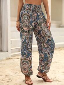 Pantalones jogger con estampado de paisley de cintura fruncido - Multicolor 9 - Ver 11