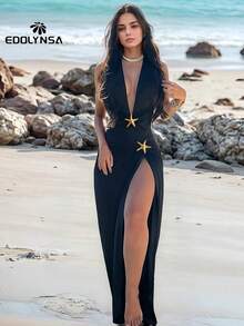 Traje de baño de una pieza con decoración de estrella de mar y falda pareo con abertura alta, diseño elegante para mujeres, adecuado para vacaciones de verano en la playa, color blanco - Negro - Ver 8