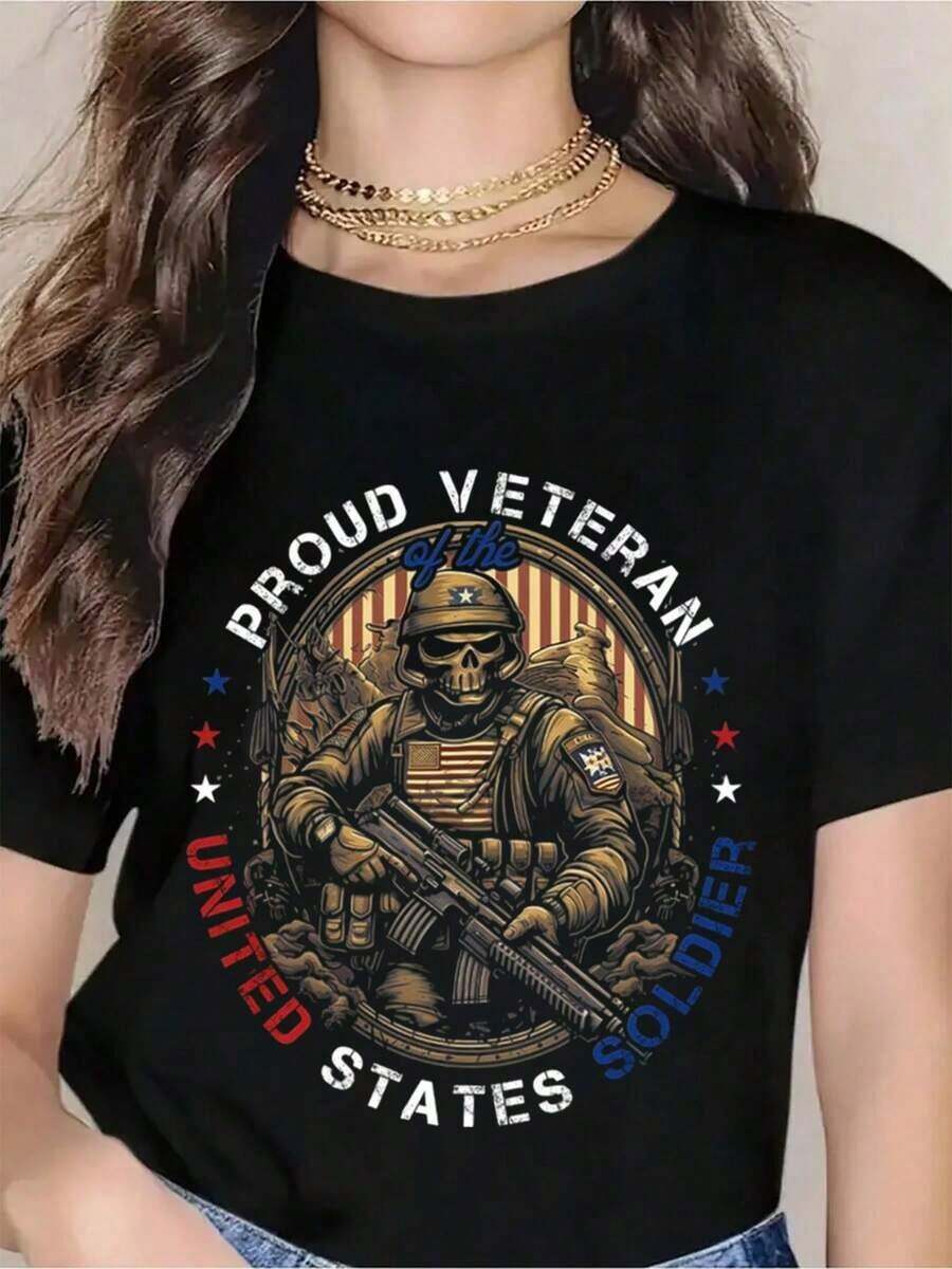 Estampado Gráfico Camiseta Mujer Algodón Ligera VeranoProud Of The United States Soldier T-Shirt - American Flag Military Design For S Day, Memorial Day, And Patriotic CelebrationsOversize Camiseta Mujer Estampado 100% Algodón Puro - Negro - Ver 1