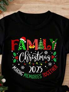Vintage Loose Fit T-Shirt For New Year 2026 - Sparkling Pink Lettering, Happy New Year! Printed With Heart Shapes And Bows, Casual Short Sleeve Crew Neck Party Top, A Dazzling 2026 Celebration Top Suitable For All Seasons. Fashion 100% Cotton - 黑色 - 查看 3