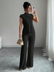 New Set Of Casual Solid Color Short Sleeve Pants For Women - 黑色 - 查看 1