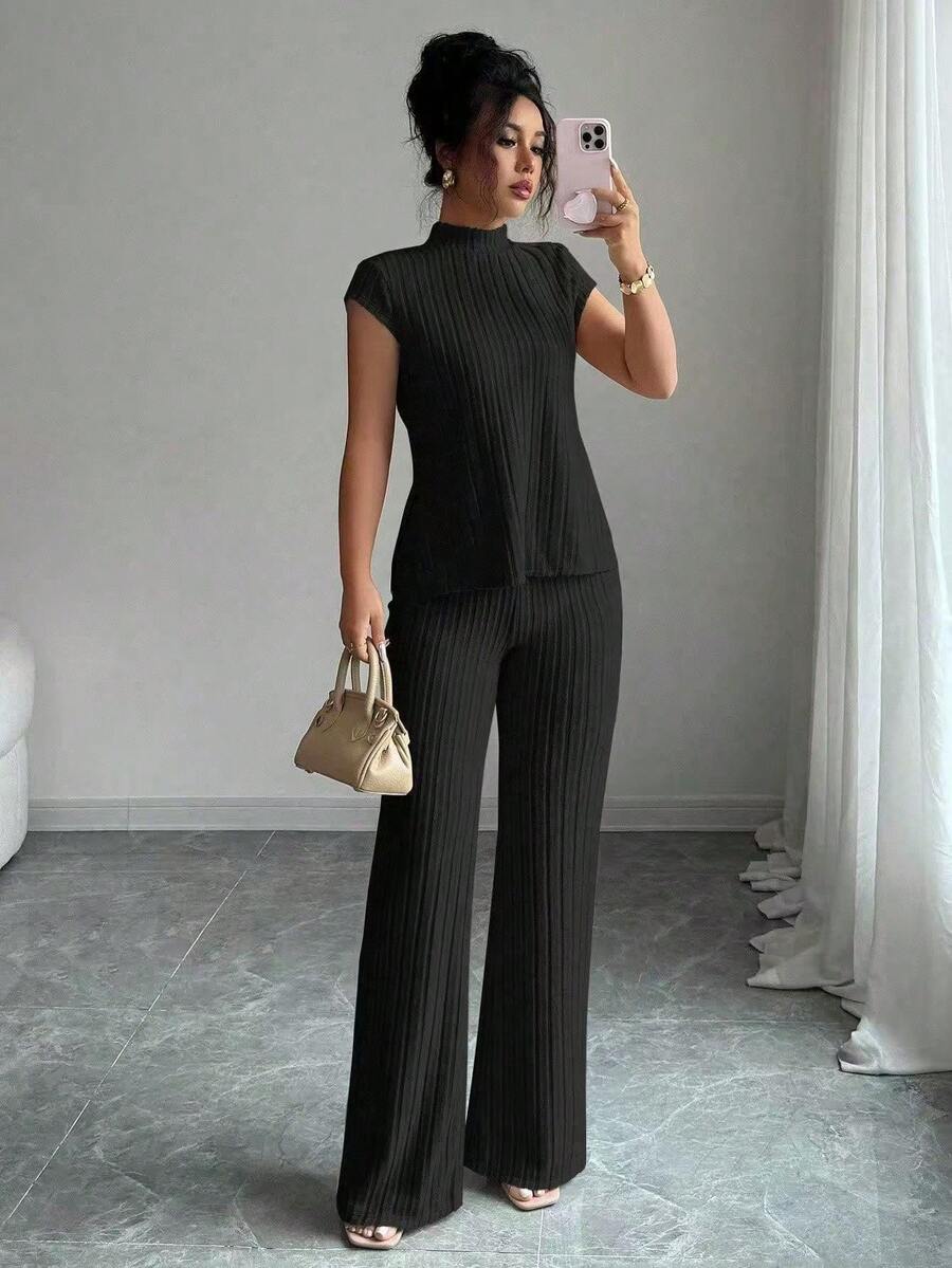 New Set Of Casual Solid Color Short Sleeve Pants For Women - 黑色 - 查看 1