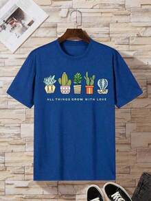 Gift 100% Cotton T-Shirt With Cactus And Succulent Print And The Phrase "All Things Grow With Love", Oversized Casual Short Sleeve T-Shirt For Women, Fresh And Positive Minimalist Streetwear Style, Ideal For Everyday Wear And Gift, Colors: White And Blue Available, Plus Size Available, Soft - 藍色的 - 查看 4