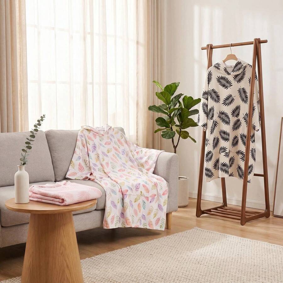 1 pieza Nuevo Modelo de Primavera/Verano Bata Ligera, Poncho con Capucha de Estampado Tropical de Palmas, No Adherente, Diseño Unisex, Adecuado para Aguas Termales, Playa, Vacaciones, Uso Cómodo