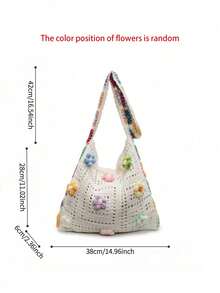 Fashionable Bohemian Style Crochet Tote Bag, Stylish 3D Floral Decor, Large Capacity Open-Top Handbag, Beach Tote, Suitable For Work, School, Beach, Vacation, Woven Texture - Beige - View 9