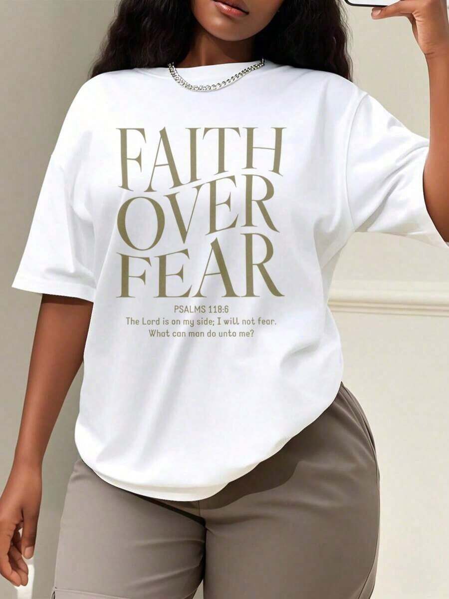 1 Piece Of Women's Oversized Style T-Shirt, Christian T-Shirt "Faith Over Fear", Christian Gift, Faith T-Shirt, Oversized T-Shirt For Women, Perfect For Christmas Parties Or As A Gift, Soft And Comfortable, 180g 100% Cotton, Designs Are Printed. Unisex. - 白色 - 查看 1