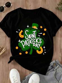 Camiseta del Día de San Patricio para Mujer con Diseño de Trébol de la Suerte, Estampado de Trébol Verde y Herradura Dorada para Celebración del Día de San Patricio, Ropa Casual para Fiesta Festiva, Atuendo de Temporada - Estilo Urbano Vintage, Camiseta Unisex de Algodón Holgada de Manga Corta y Cuello Redondoblusas para mujer>ropablusas para mujer>ropa - Negro - Ver 3