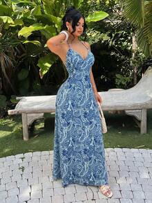 Đầm dài nữ màu xanh dương kiểu Bohemian in hoa điều, cổ chữ V sâu, hở lưng, xếp tầng, thích hợp cho kỳ nghỉ hè, đi biển hoặc dự tiệc thanh lịch. - Màu xanh lam - Xem 5