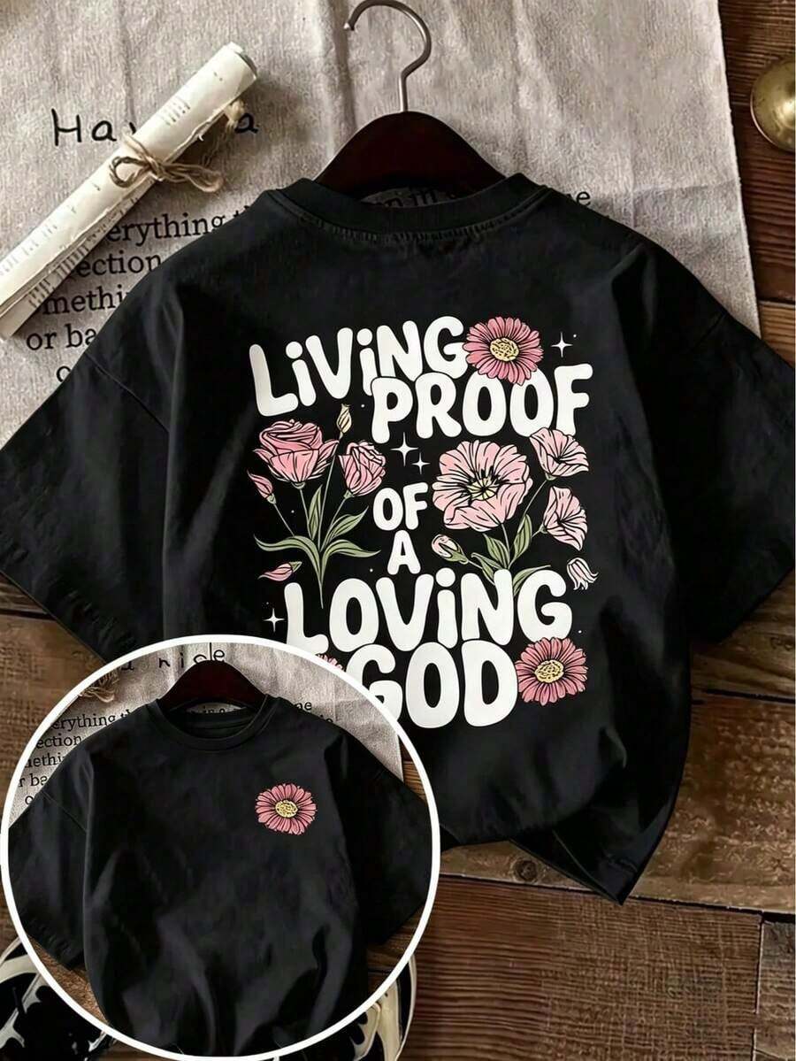 camisetas de gran tamaño para mujer con estampado floral religioso testimonio de un Dios amoroso - Camiseta blanca casual para uso diario, verano, calle, atuendo inspirador, espiritual y de fe, iglesia, vacaciones y uso cotidiano. - Negro - Ver 1
