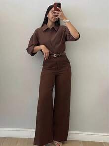 Pantalones casuales de pierna acampanada con diseño minimalista para mujer, adecuados para ir al trabajo, la oficina, uso diario, todas las estaciones, primavera - Marrón - Ver 5