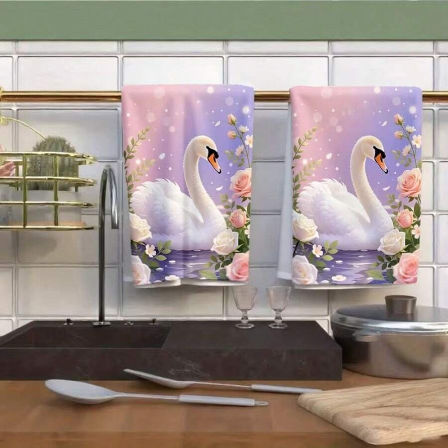 1pc/2pcs Cute Healing Style Swan Pattern Printed Handkerchief. The Size Is 16 * 24 Inches, Suitable For Kitchen Decoration Or Exquisite Gifts. It Can Be Used For Cleaning And Wiping Items, As Well As For Home Decoration. Suitable For Various Purposes In Kitchens And Restaurants, It Is An Ideal Kitchen Utensil.