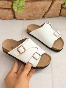Sandal Anak-Anak Warna Putih Bahan Suede Imitasi dengan Gesper yang Dapat Diatur, Sandal Selop Terbuka yang Bernapas, Sandal Anti Selip untuk Luar Ruangan/Pantai/Dalam Ruangan - Putih - View 7