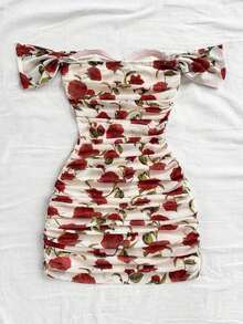 Vestido mini ajustado de punto rojo con hombros descubiertos para mujer, diseño con espalda calada, adecuado para vacaciones, citas, té de la tarde, temporada de bodas, playa, crucero, vacaciones en la ciudad, vacaciones bohemias, festivales de - Multicolor 4 - Ver 2