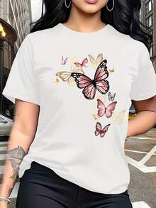 Camiseta de manga corta con estampado de mariposas estilo acuarela, transpirable y a la moda, para viajes en familia, campus, uso casual, desplazamientos diarios, combinación para hermanas, camiseta versátil 3744, camiseta de verano. - Blanco - Ver 6