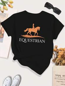 [Print Design]Large Women'S Casual Sports T-Shirt Featuring An Elegant Silhouette Of A Horse And Equestrian Theme[Suitable For Leisure And Sports Activities] - Multicolor - View 1