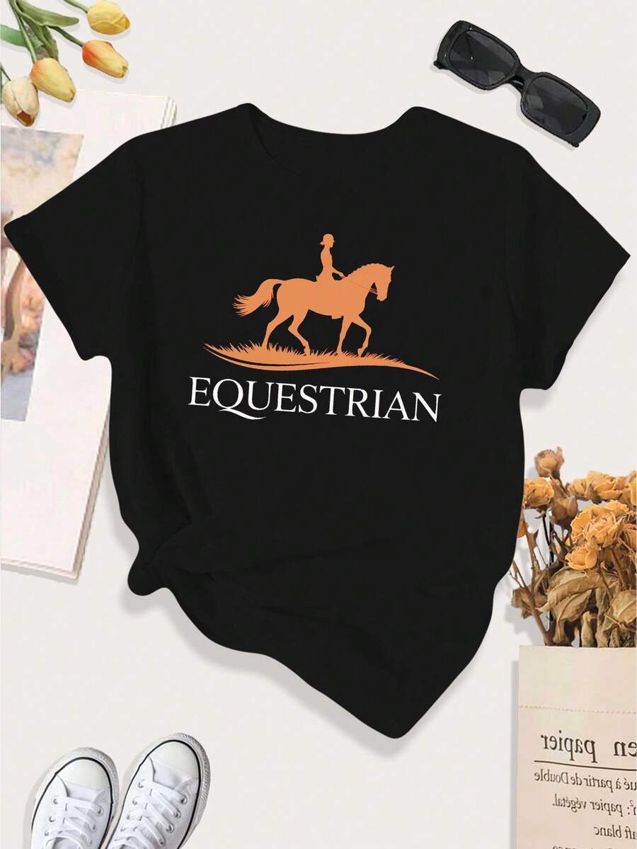 [Print Design]Large Women'S Casual Sports T-Shirt Featuring An Elegant Silhouette Of A Horse And Equestrian Theme[Suitable For Leisure And Sports Activities] - Multicolor - View 1