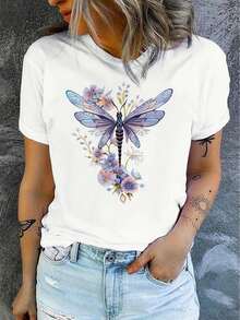 Soft 100% Cotton T-Shirt. Women's Casual Short Sleeve T-Shirt - Floral And Dragonfly Print, Round Neck, Breathable Semi-Sheer Fabric With Contrasting Color Blocking, Regular Fit H-Silhouette For Summer And All Seasons, All Season Fashion, Medium Stretch Fabric. - 白色 - 查看 3