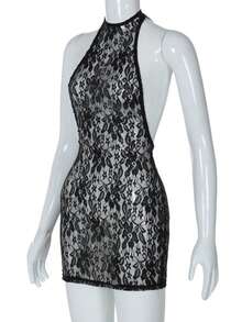 Sensual Halter Dress With Fitted Lace And A Voluminous Effect For Parties - Black - View 8