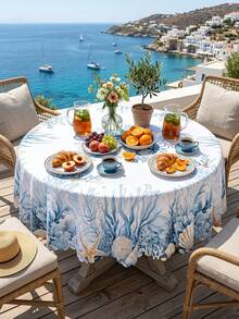 1 Pack Coastal Ocean & Seashell Printed Tablecloth, Blue Coral Starfish Pattern Polyester Table Cover, Nautical Beach Style Round/Oval Tablecloth, Scalloped Edge Wrinkle Resistant Waterproof Anti-Stain Table Protector, Reusable Dustproof Heat Resistant Outdoor Table Sheet - Multicolor - View 12