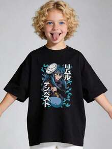 Boys' Summer T-Shirt 2026, Casual, Soft, Crew Neck, Short Sleeve, With A Graphic Print Of An Anime-Style Blue-Haired Character, Suitable For Everyday Casual Wear. Black Y2K Style T-Shirt. - 白色 - 查看 9
