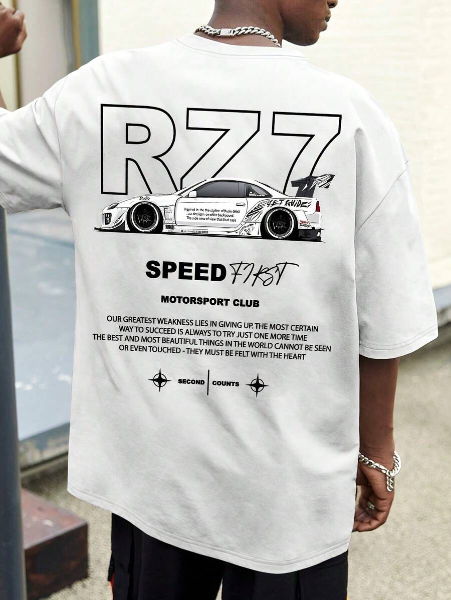 Camiseta Casual de Manga Corta con Estampado de Moda para Hombre Speed & Passion Racing Club - Nueva Camiseta de Cuello Redondo Cómoda para Primavera/Verano - Estilo Cómodo Lavable a Máquina - Blanco - Ver 1