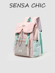 Mochila casual de bloques de color, bolsa escolar con solapa de cordón para adolescentes y mujeres, ligera y duradera, disponible en múltiples colores ideal para la escuela, viajes de fin de semana, recados y actividades al aire libre, compartimentos espaciosos para libros, portátiles y artículos esenciales, panel trasero transpirable y correas ajustables para mayor comodidad - Multicolor - Ver 10