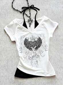Camiseta de mujer casual de cuello en V retro, con atar, de manga corta y contraste de color, adecuada para el verano - Blanco 3 - Ver 9