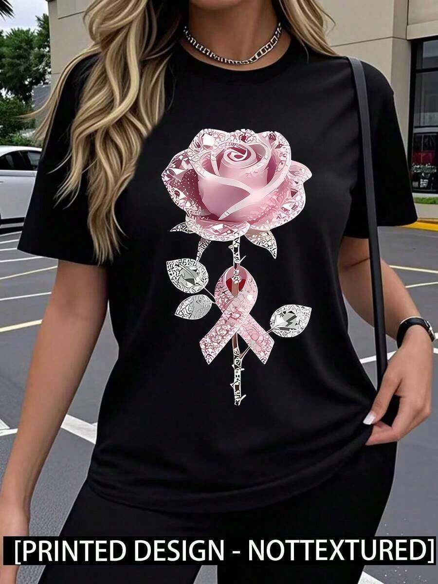 New Fashion Vintage Blouses, Cute 100% Cotton Men's T-Shirts, Manfinity Men1PC, Pink Bright Rose Print, Y2K Style, Women's Summer T-Shirt, Elegant, Comfortable, Breathable, Short Sleeve, Casual And Versatile. - 黑色 - 查看 1