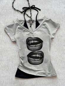 Camiseta de mujer casual de cuello en V retro, con atar, de manga corta y contraste de color, adecuada para el verano - Gris Claro 3 - Ver 1