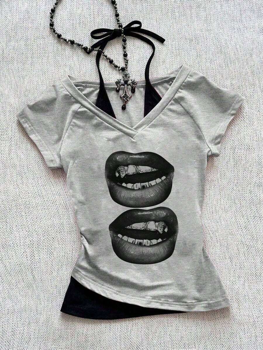 Camiseta de mujer casual de cuello en V retro, con atar, de manga corta y contraste de color, adecuada para el verano - Gris Claro 3 - Ver 1