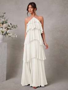 Vestido largo elegante y romántico de gasa con cuello de halter y volantes para invitados a una boda - Albaricoque - Ver 6