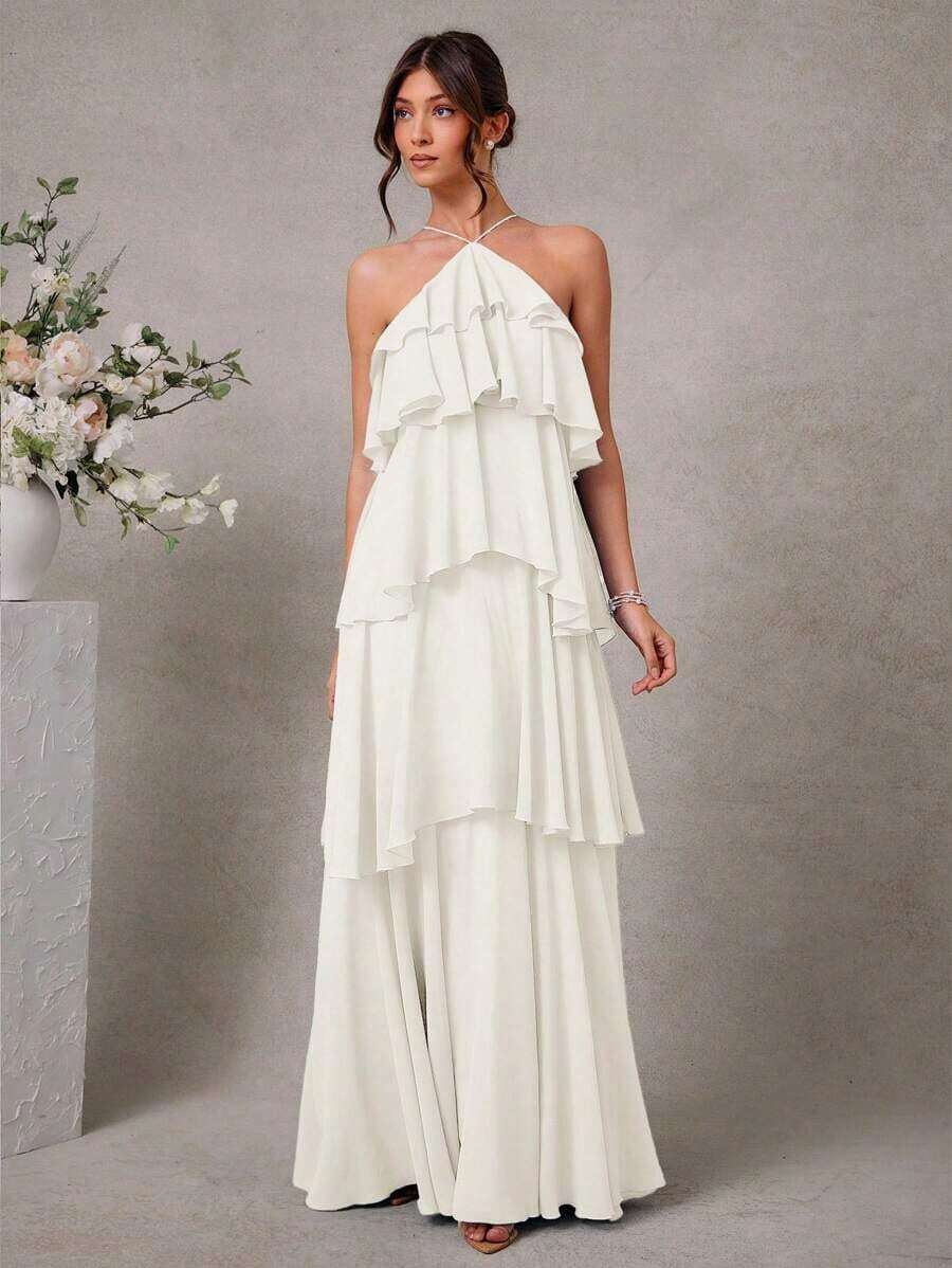 Elegante vestido maxi de gasa con cuello halter y volantes para invitados a bodas románticas - Albaricoque - Ver 1
